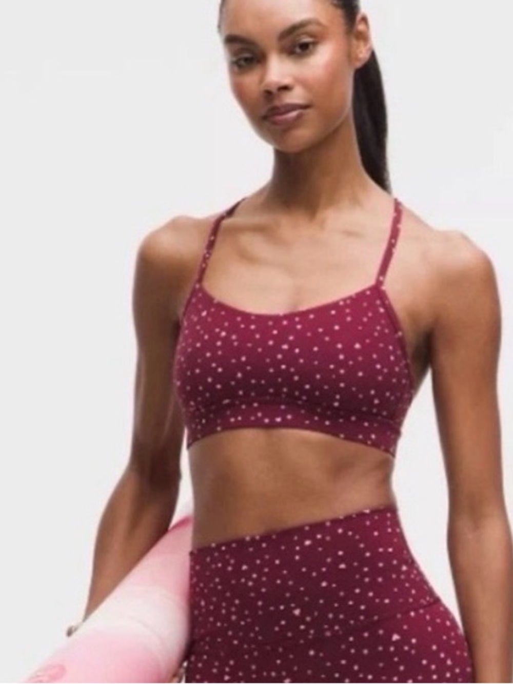 Lululemon Flow Y Bra | Heart Scatter Dot | candy cloud/burgundy | 2 4 6 8 10 12